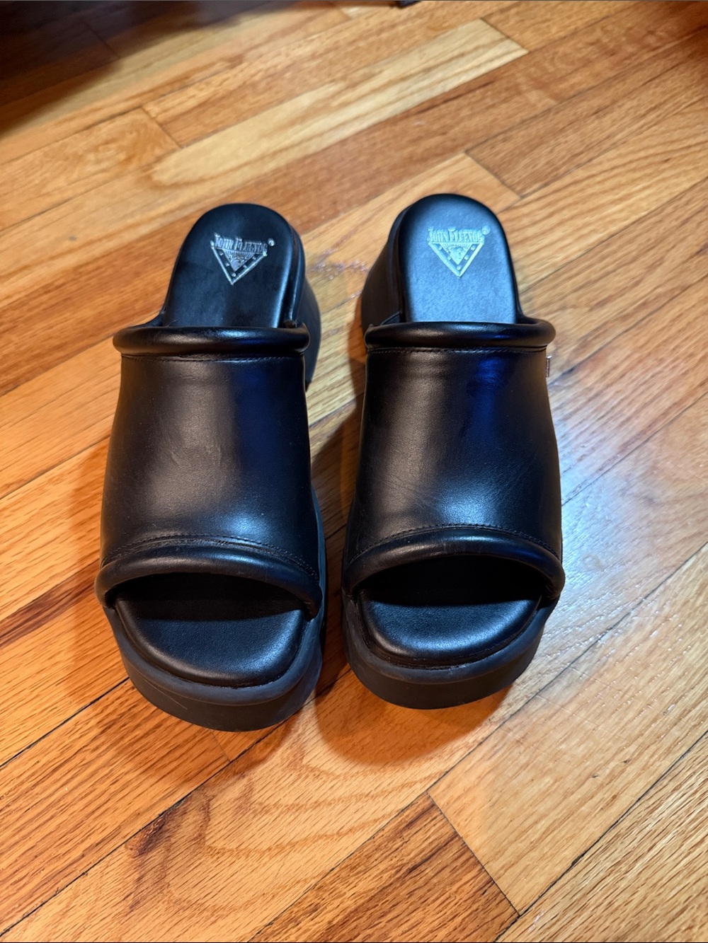John Fluevog Harmony Bergeron Black Leather Platform Slide Mules